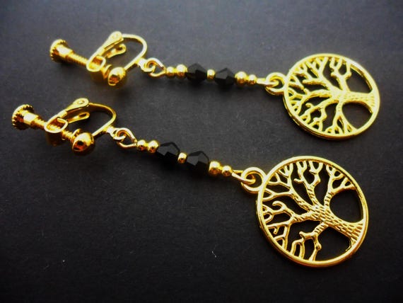 Boucles D'oreilles Vintage Clips - Relief Corde, Or émaillé Noir, Bijou Déco *4523