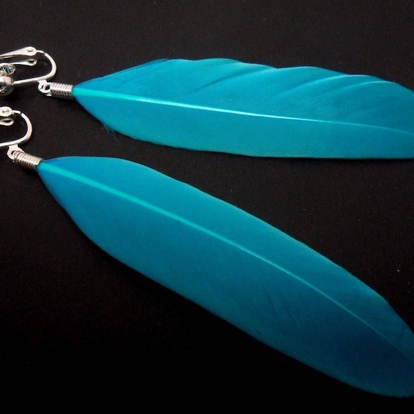 A pair of long blue feather clip on  dangly clip on earrings.