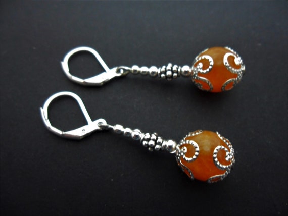 Pair Of Orange Jade Silver Plated Drop Earrings – Leverback Dangle – Handmade