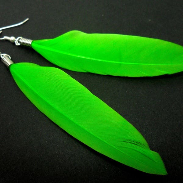 A pair of long green feather dangly earrings.