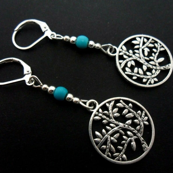 A pair of pretty hand made tibetan silver tree of life & turquoise bead dangly leverback hook earrings. new.