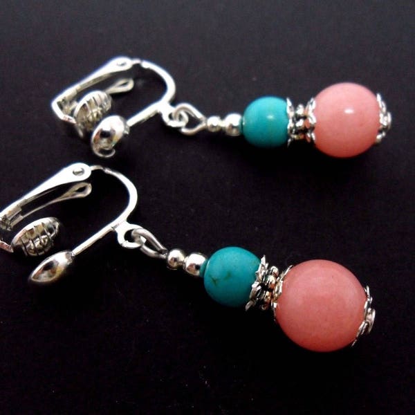 A pair of pretty pink  jade  & turquoise bead  dangly clip on earrings.