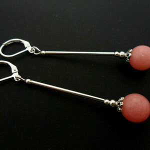 A pair of hand made long dangly pink  jade bead  leverback hook  earrings. New.