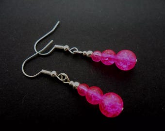 A pair of hand made dangly bright pink crackle glass  bead earrings. New.