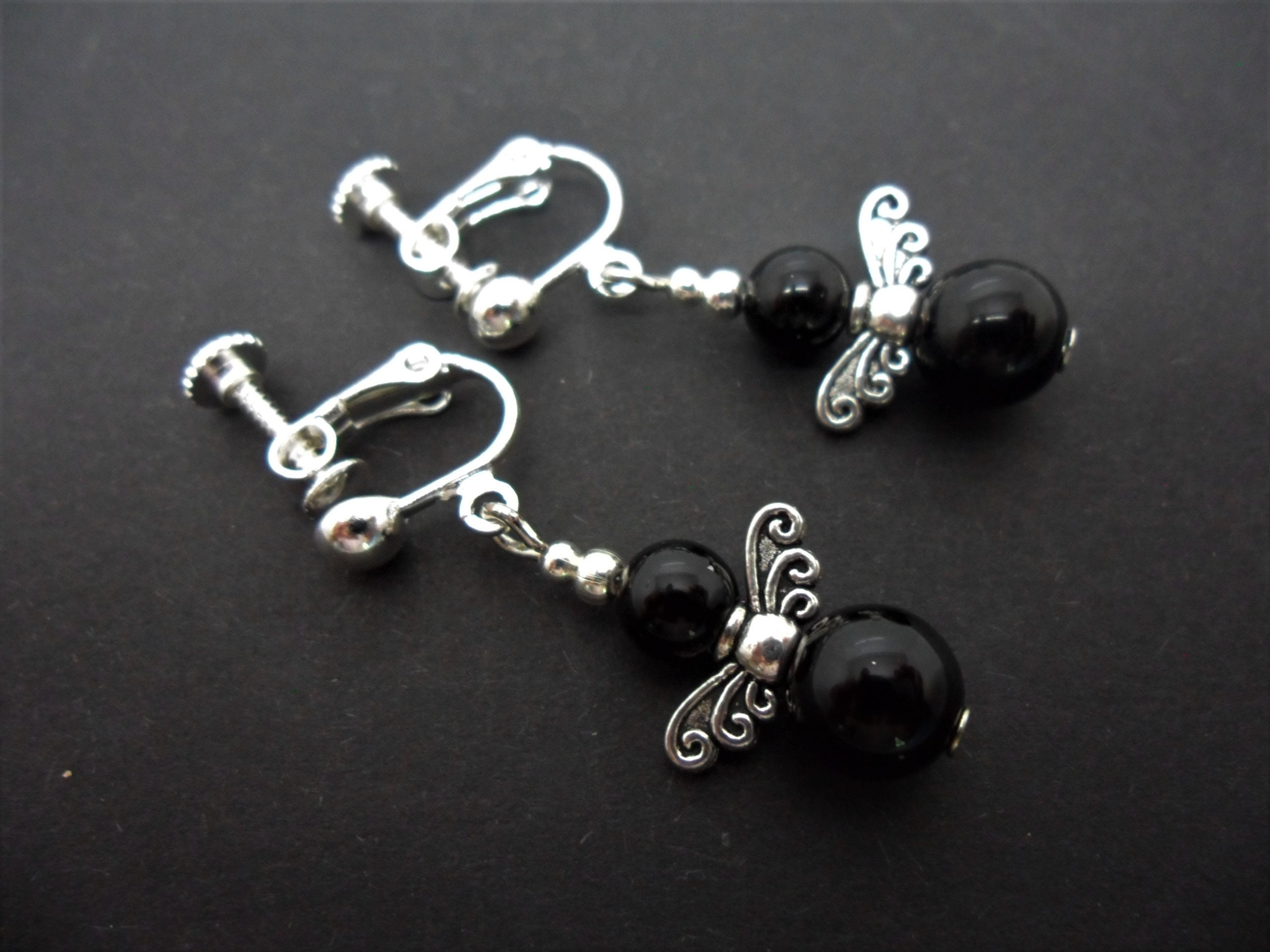 Diamond Black Onyx Dangle Drop Earrings 18 Karat White Gold Antique For