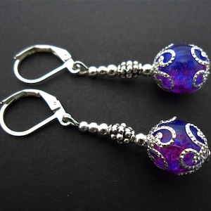 A pair of hand made dangly pink & blue crackle glass bead leverback hook earrings. New.