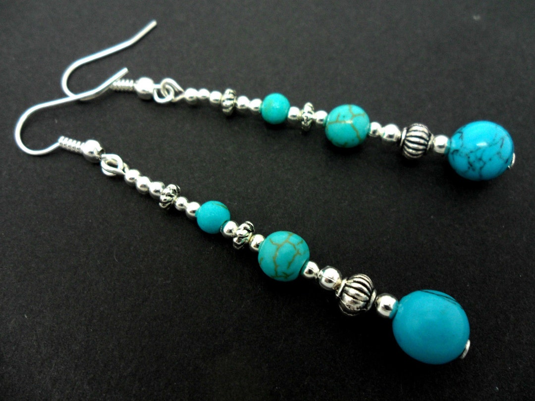 Pair Of Extra Long Tibetan Silver & Turquoise Beaded Dangle Earrings – Handmade
