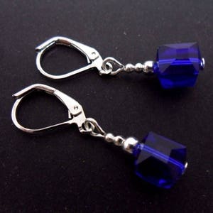 A pair of cute little hand made tibetan silver dangly cobalt blue  crystal cube bead leverback hook earrings. new.