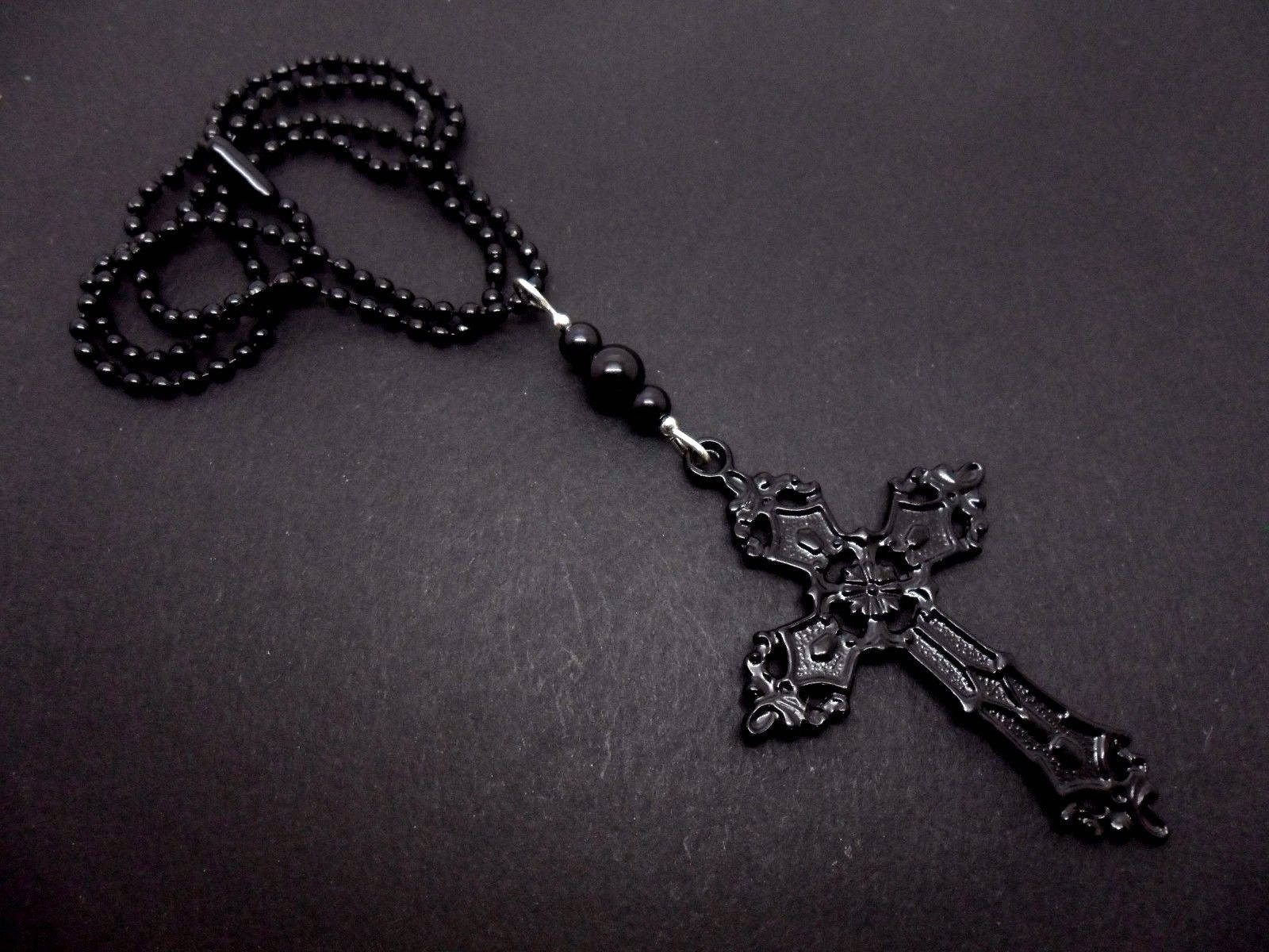 A Lovely Metal Cross and Black Ball Chain Pendant Necklace