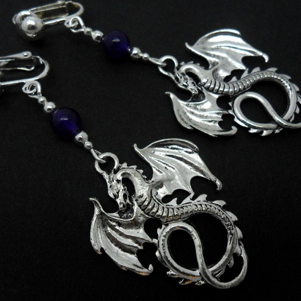 A pair of pretty tibetan silver & purple jade bead dragon themed dangly clip on  earrings.
