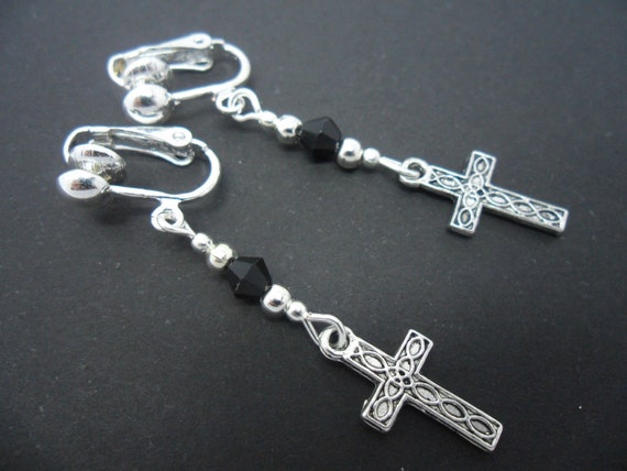 Orecchini Pendenti A Croce In Argento Tibetano E Cristallo Nero – Clip-on, Fatti A Mano