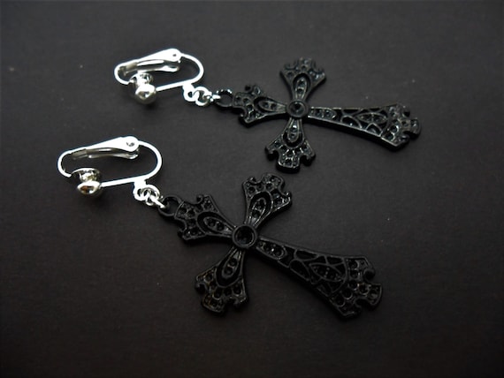 A Pair of Long Black Cross Black Crystal Bead Dangly Clip on