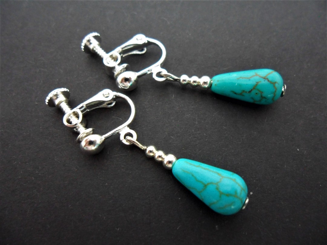 thumbnail image 2 of Handmade Tibetan Silver Drop Earrings With Feather & Turquoise Bead – Clip-On 2 of 5
