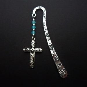 A tibetan silver and blue crystal bead cross charm  bookmark. 9cm long.