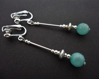 A pair of pretty blue jade  bead  dangly clip on earrings.
