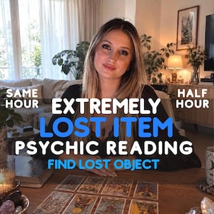 May include: A psychic reading service for finding lost items, featuring text overlays that read SAME HOUR, HALF HOUR, EXTREMELY LOST ITEM, PSYCHIC READING, and FIND LOST OBJECT, with a spread of tarot cards arranged on a wooden table surface.