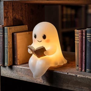 Cute Reading Ghost Night Light, Book Lover Lamp, Ghost Shelf Sitter Decor, Glowing Halloween Figurine, Cozy Bookshelf Gift for Readers