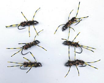 6 Tungsten Stonefly Nymphs: Pat's Rubber Legs Trout Flies, Size 12