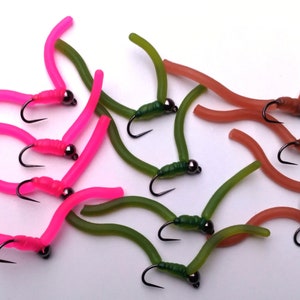 12 Squirmy Worm Fishing Flies: Hand Tied, Weighted Jig Hook 3 color combo