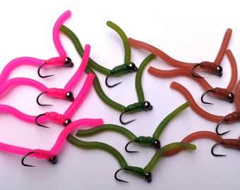 12 Squirmy Worm Fishing Flies: Hand Tied, Weighted Jig Hook 3 Color Combo -  Etsy