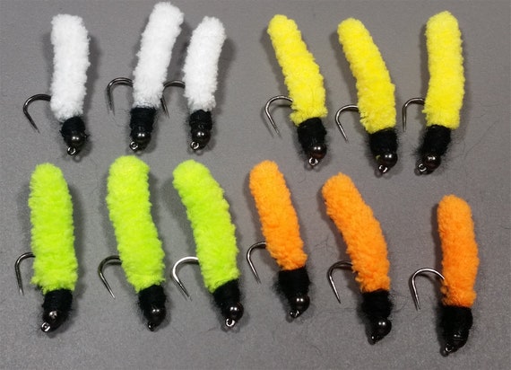 THREE of each COLOUR On Barbless Hooks, 12 x Mop Fly Selection