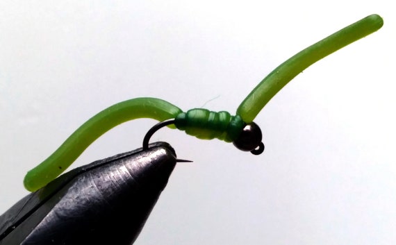 12 Olive Green Squirmy Worm Weighted Squirmy Wormy Fly Hand Tied Trout Bass  