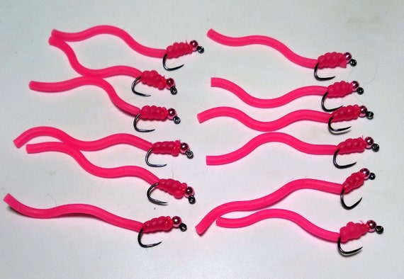 12 Pink Tungsten Squirminator 2 Inch 14 Barbless Jig Hook With Pink Bead  Squirmy Worm Fly Fishing Flies 