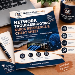 Könnte beinhalten: Ein Network Troubleshooting Quick Reference & Cheat Sheet Leitfaden von NokuTechLabStudio. Das Cover zeigt ein dunkelblaues und goldenes Design mit einer Netzwerkschalter-Grafik, Text und Symbolen für Netzwerkmodelle und Anleitungen.