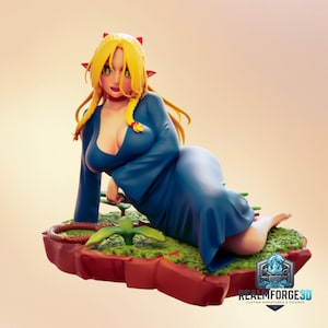May include: A 3D printed figurine of a blonde elf-like character with pointed ears, wearing a long blue dress, reclining on a textured green base with small plants. The base features a logo with the text REALMFORGE3D CUSTOM MINIATURES & FIGURES.