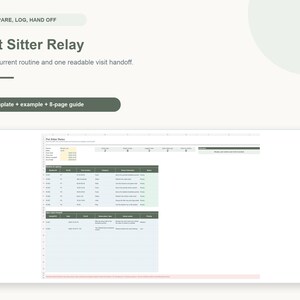 May include: A digital Pet Sitter Relay template featuring a spreadsheet layout with sections for routine logs and visit handoffs. The document includes text headers such as Prepare, Log, Hand Off, Pet Sitter Relay, and Template + example + 8-page guide.