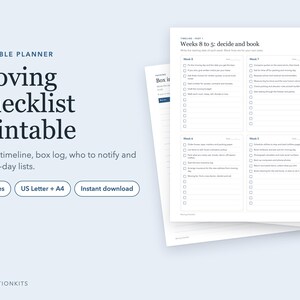 Umzugscheckliste zum Ausdrucken, 8-Wochen-Umzugsplaner, Packliste, Adressänderung, Kartoninventarliste, Checkliste für den Umzugstag (PDF)