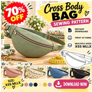 May include: A sage green cross body bag sewing pattern featuring an adjustable strap and gold zipper. The image includes text: Cross Body Bag Sewing Pattern, 70% OFF, Instant Download, Print at Home, Multiple Sizes XSS MLLX, and Download Now.