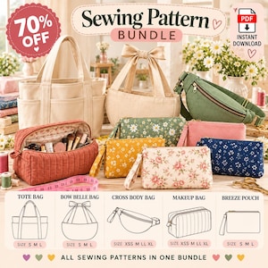 May include: A sewing pattern bundle featuring a beige tote bag, a bow-topped bag, a green crossbody bag, and various zippered pouches in floral and quilted fabrics. Text includes Sewing Pattern Bundle, 70% OFF, and PDF Instant Download.
