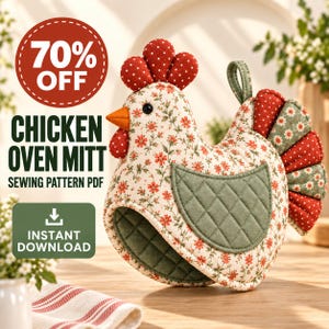 Chicken Oven Mitt Sewing Pattern PDF | Libby the Ruffle Tail Chicken Potholder Pattern | Farmhouse Kitchen | Vintage inspired potholder
