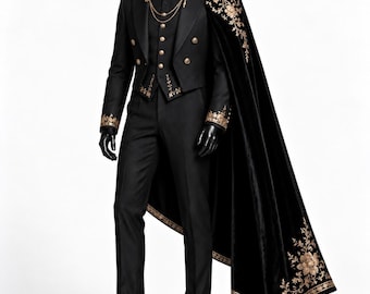 Men's Gothic Wedding Suit, Black Velvet Cape, Gold Embroidery, Made to Measure