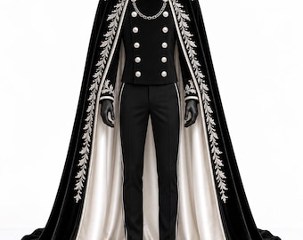Traje de hombre con capa de terciopelo negro, chaqueta militar bordada en plata, boda gótica, hecho a medida.