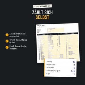 Excel-Input-Liste, die Kanäle, 48V, DI-Boxen und Stative automatisch zählt