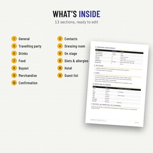 Contents of the hospitality rider template: 13 sections from dressing room to guest list