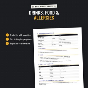 Drinks list, food and allergies per person in the hospitality rider