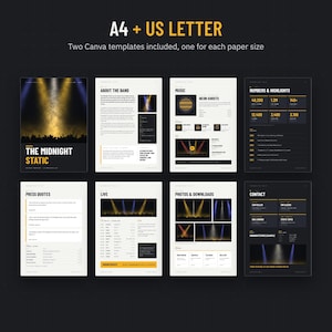 All pages of the EPK template at a glance, included in A4 and US Letter