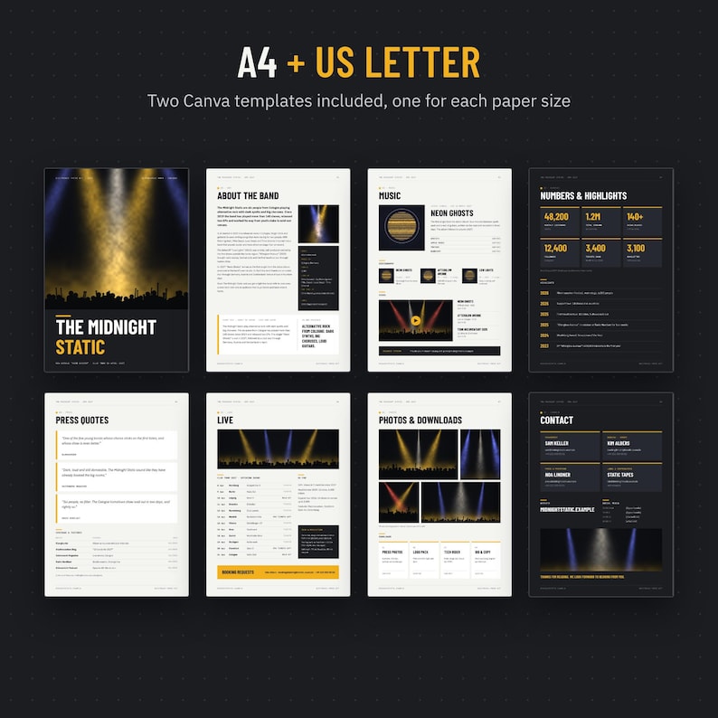 All pages of the EPK template at a glance, included in A4 and US Letter