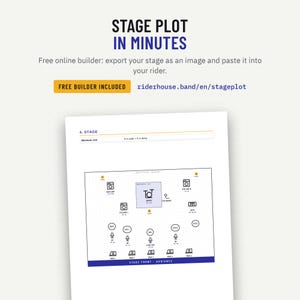 Stage plot page in the tech rider with a stage layout made in the free Riderhouse Stage Plot Builder