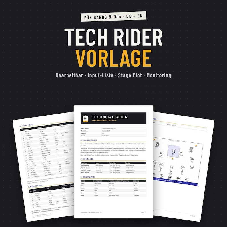 Tech Rider Vorlage für Bands und DJs mit Titelseite, Input-Liste und Stage Plot, bearbeitbar in Word und Google Docs