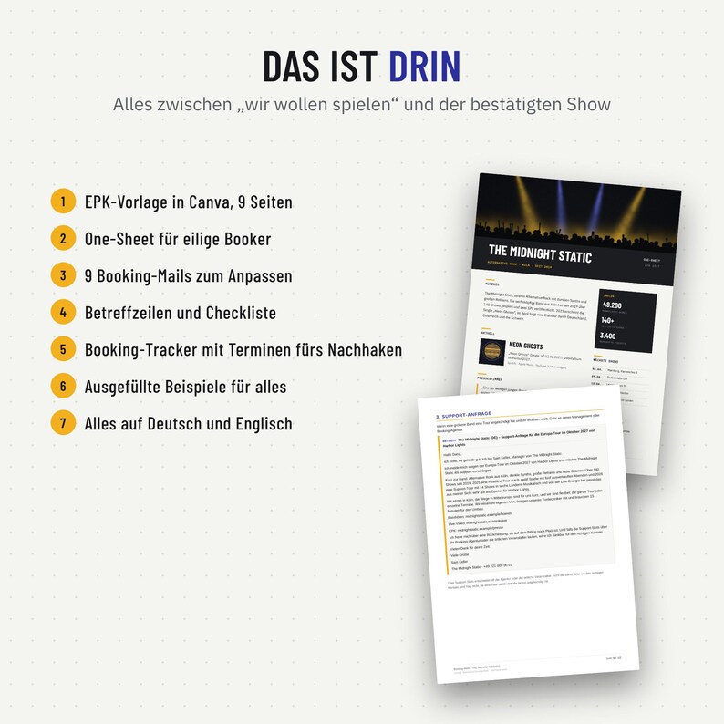 Inhalt des Booking Kits: EPK-Vorlage, One-Sheet, neun Booking-Mails, Tracker und Beispiele