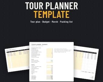 Mall för bandturnéplanerare, spelningsplanerare med budget, merchandise, packlista, Excel + Google Sheets