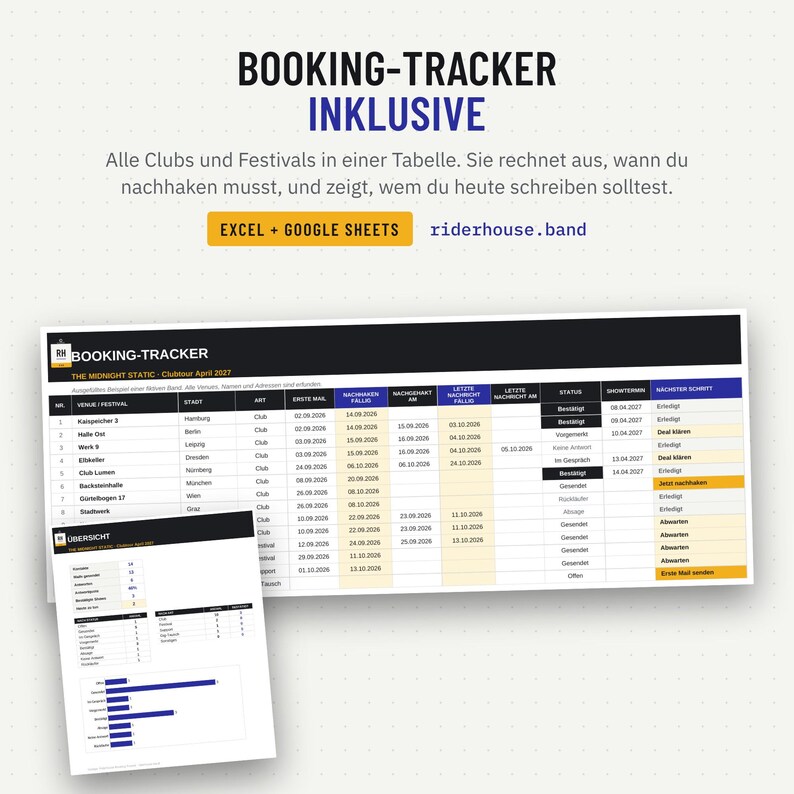 Booking-Tracker als Tabelle mit Terminen fürs Nachhaken, Status und Übersicht für Excel und Google Sheets