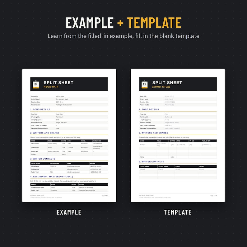 Filled-in example and blank split sheet template