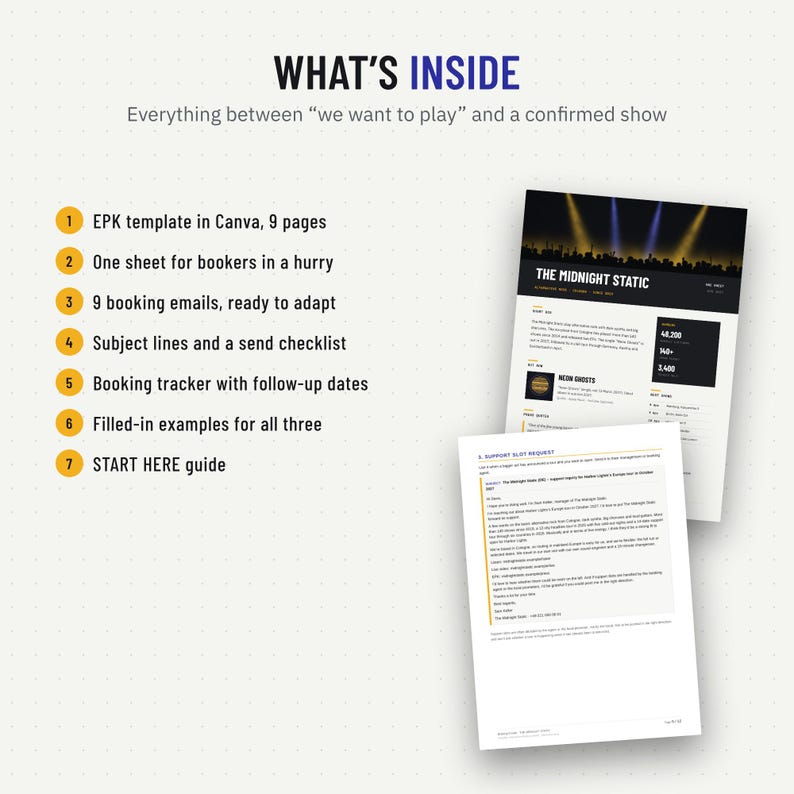 What is inside the booking kit: EPK template, one sheet, nine booking emails, tracker and examples