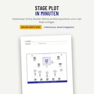 Stage Plot Seite im Tech Rider mit Bühnenplan aus dem kostenlosen Riderhouse Stage Plot Builder