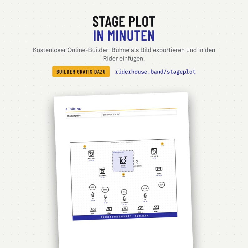 Stage Plot Seite im Tech Rider mit Bühnenplan aus dem kostenlosen Riderhouse Stage Plot Builder